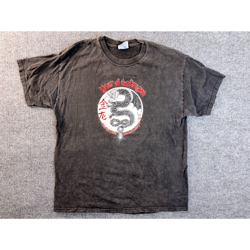 Hanes Beefy-T Mens L Black Year of the Dragon Cotton Graphic Tee Vintage Faded L